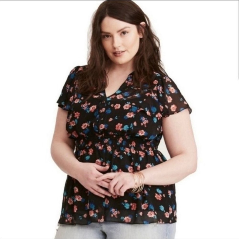 Torrid Black Sheer Floral‎ Empire Waist Top